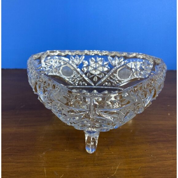 Vintage Clear Tri-Footed Triangle Cut Glass Dish No Lid Star Design - Picture 6 of 16